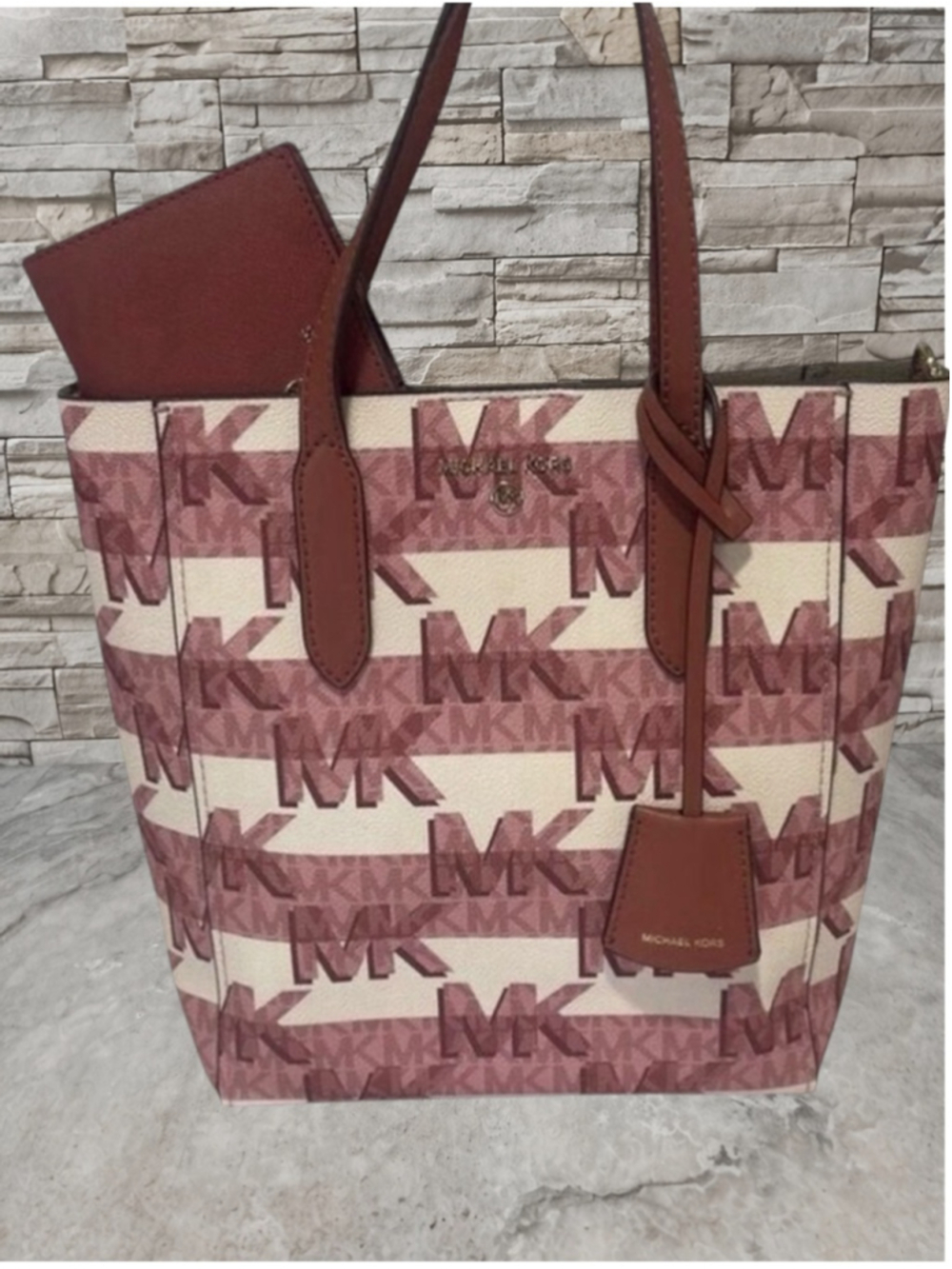 Michael Kors Sinclair Logo Shopper Tote & Matching Wallet Cinnamon Pink Cream - Picture 8 of 13